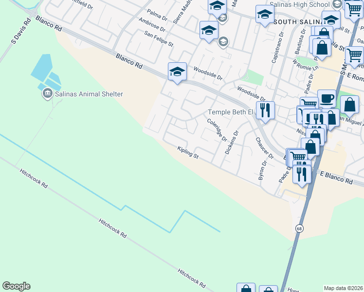 map of restaurants, bars, coffee shops, grocery stores, and more near 408 Kipling Street in Salinas