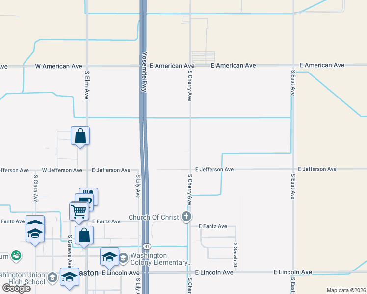 map of restaurants, bars, coffee shops, grocery stores, and more near 5375 South Cherry Avenue in Fresno