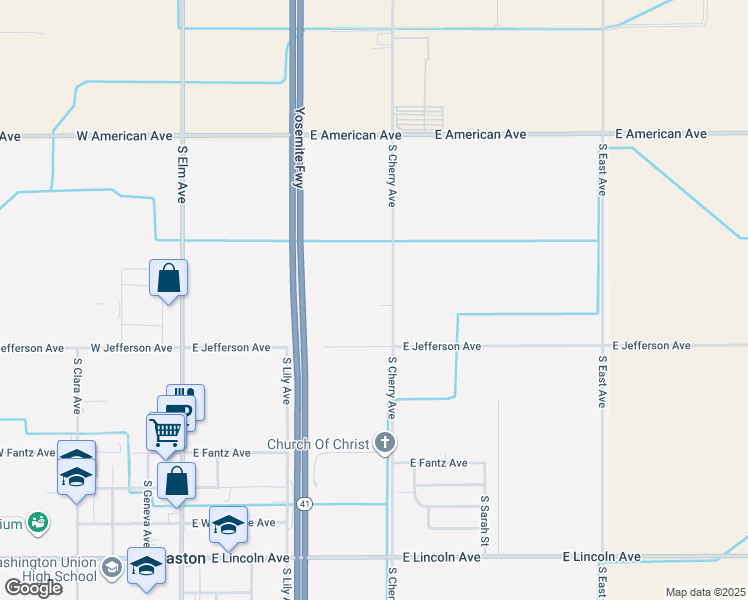 map of restaurants, bars, coffee shops, grocery stores, and more near 5375 South Cherry Avenue in Fresno