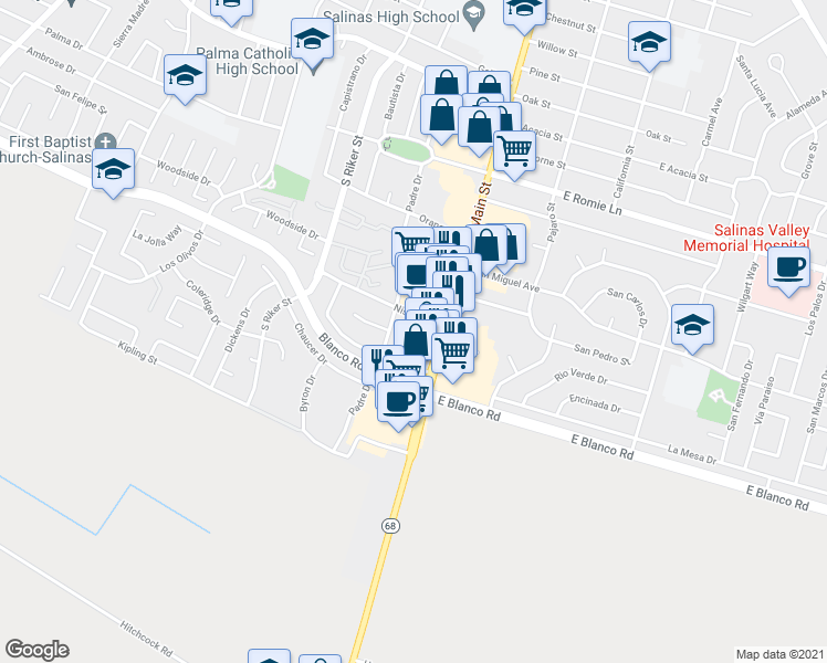 map of restaurants, bars, coffee shops, grocery stores, and more near 1228 South Main Street in Salinas