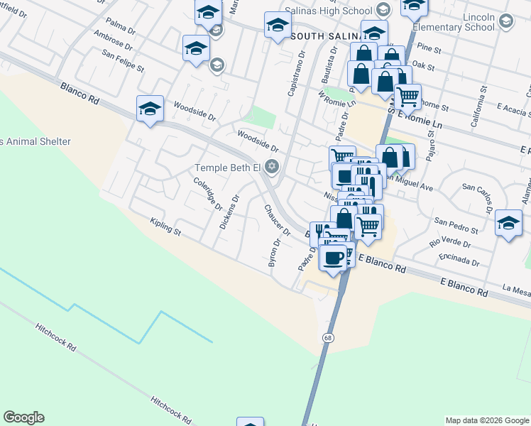 map of restaurants, bars, coffee shops, grocery stores, and more near 157 Chaucer Drive in Salinas