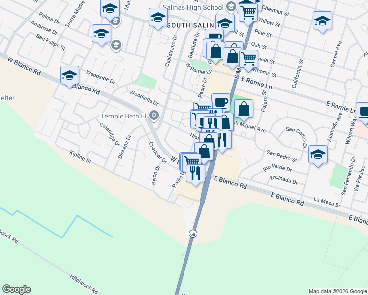 map of restaurants, bars, coffee shops, grocery stores, and more near 1240 Padre Drive in Salinas