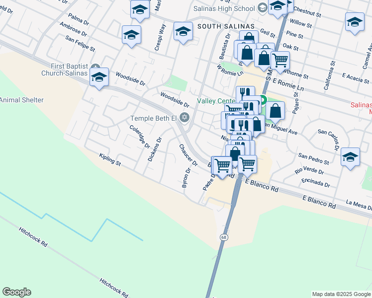 map of restaurants, bars, coffee shops, grocery stores, and more near 174 Chaucer Drive in Salinas