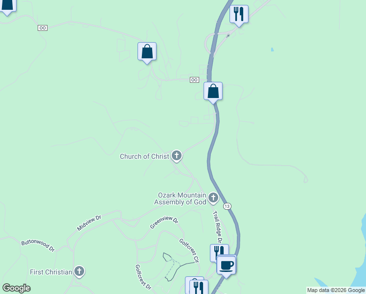 map of restaurants, bars, coffee shops, grocery stores, and more near 16 James River Road in Kimberling City