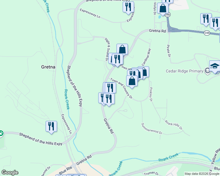 map of restaurants, bars, coffee shops, grocery stores, and more near 2000-3000 Gretna Road in Branson