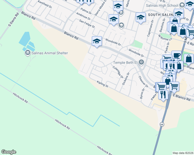 map of restaurants, bars, coffee shops, grocery stores, and more near 435 Shelley Way in Salinas