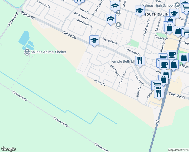 map of restaurants, bars, coffee shops, grocery stores, and more near 435 Shelley Way in Salinas