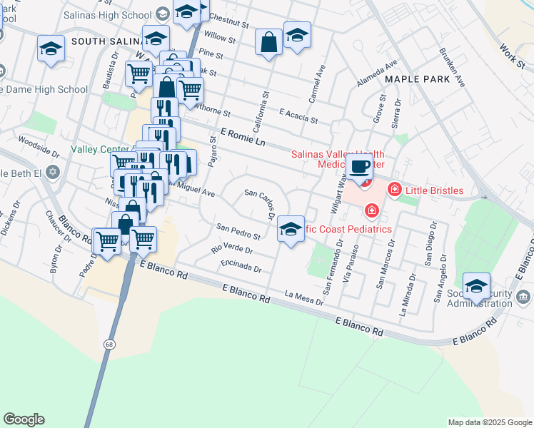 map of restaurants, bars, coffee shops, grocery stores, and more near San Carlos Drive in Salinas