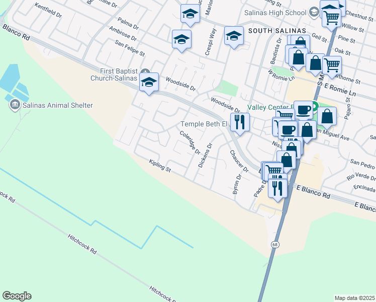 map of restaurants, bars, coffee shops, grocery stores, and more near 1310 Primavera Street in Salinas