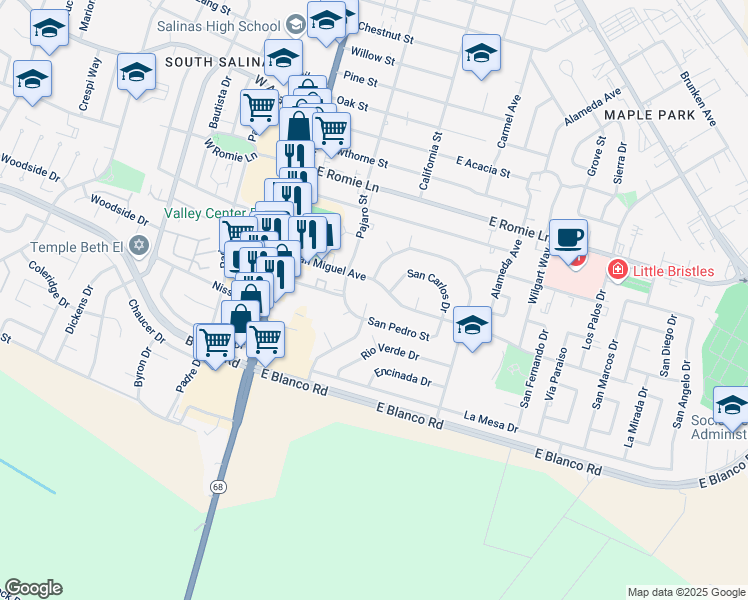 map of restaurants, bars, coffee shops, grocery stores, and more near 126 San Miguel Avenue in Salinas