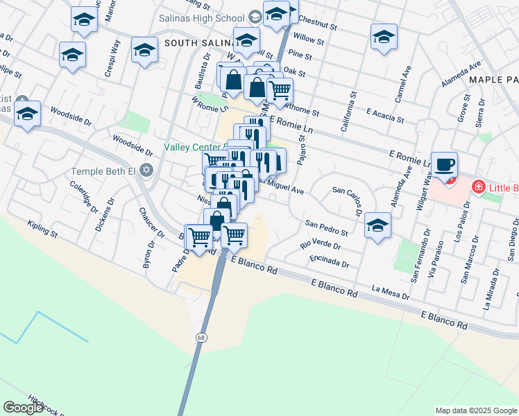 map of restaurants, bars, coffee shops, grocery stores, and more near 45 East San Joaquin Street in Salinas