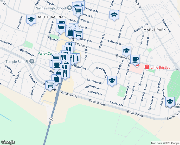map of restaurants, bars, coffee shops, grocery stores, and more near 126 San Miguel Avenue in Salinas