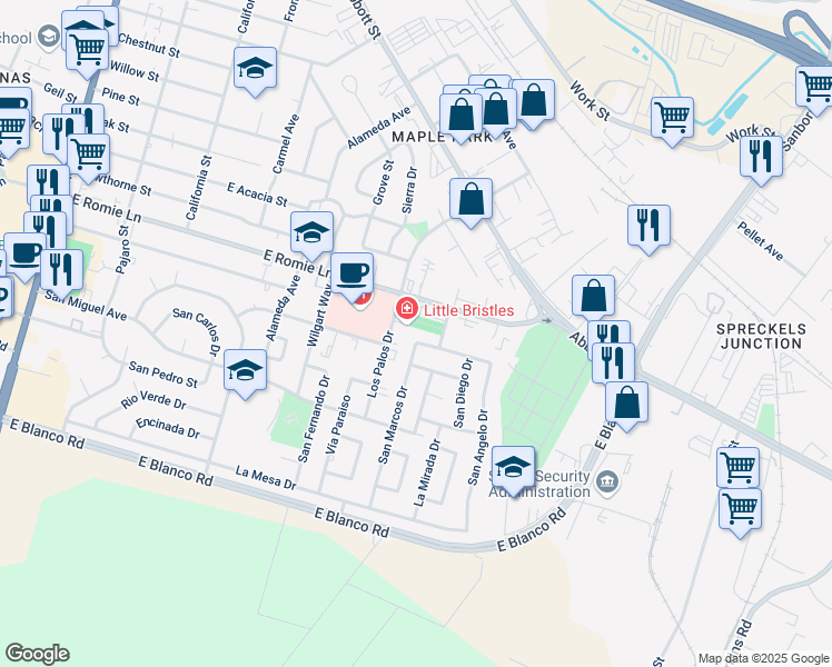 map of restaurants, bars, coffee shops, grocery stores, and more near 625 Santa Cruz Avenue in Salinas