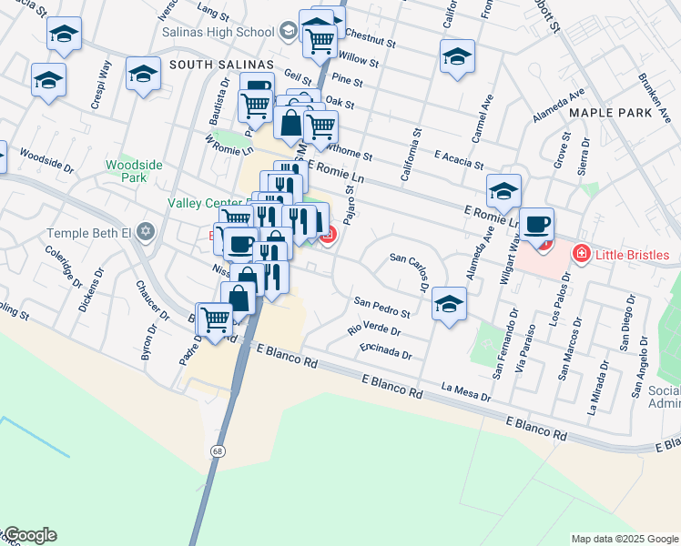 map of restaurants, bars, coffee shops, grocery stores, and more near 1107 Pajaro Street in Salinas