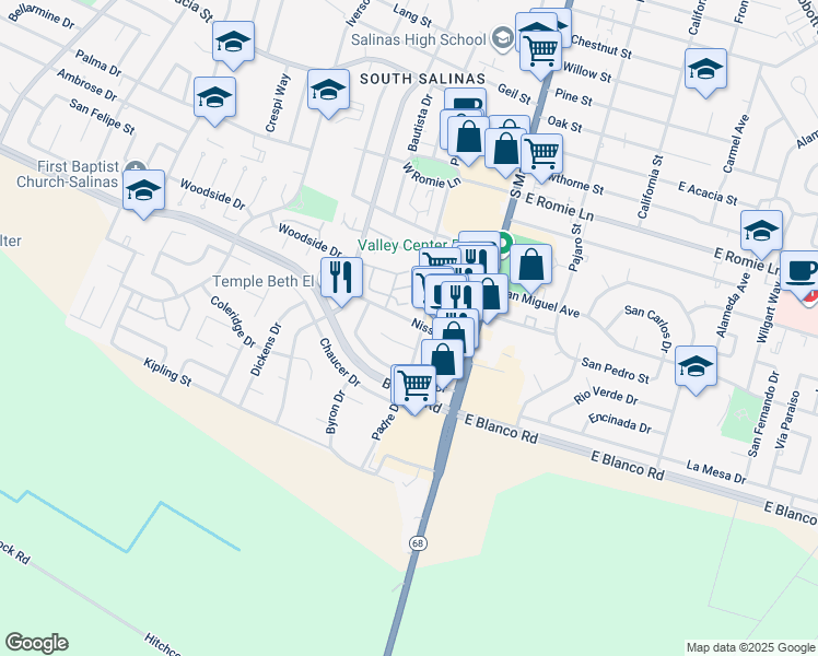 map of restaurants, bars, coffee shops, grocery stores, and more near 115 Nissen Road in Salinas