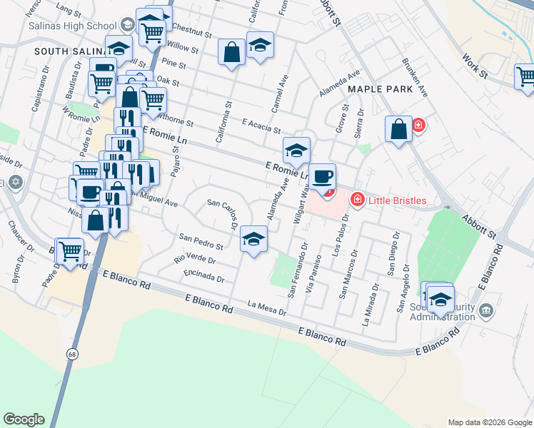 map of restaurants, bars, coffee shops, grocery stores, and more near 612 Alameda Avenue in Salinas