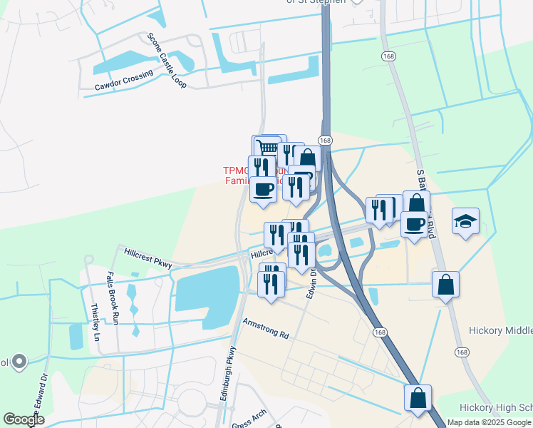 map of restaurants, bars, coffee shops, grocery stores, and more near 233 Carmichael Way in Chesapeake