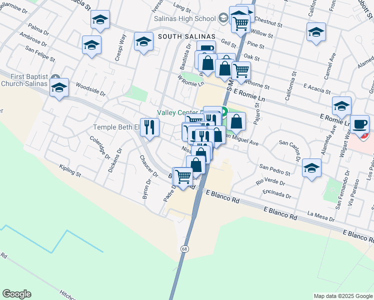 map of restaurants, bars, coffee shops, grocery stores, and more near Padre Drive & Nissen Road in Salinas