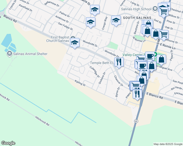 map of restaurants, bars, coffee shops, grocery stores, and more near 1310 Primavera Street in Salinas