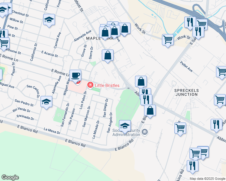 map of restaurants, bars, coffee shops, grocery stores, and more near 750 East Romie Lane in Salinas