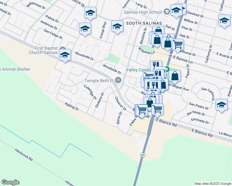 map of restaurants, bars, coffee shops, grocery stores, and more near 198 Chaucer Drive in Salinas