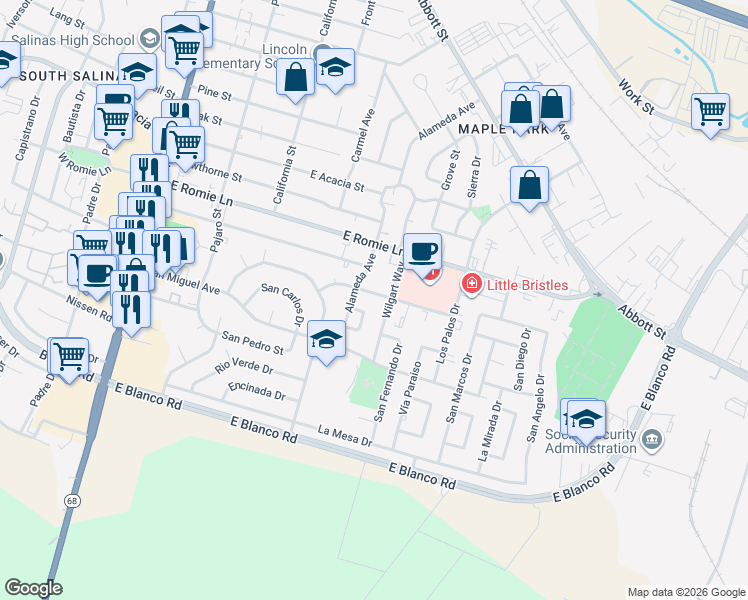map of restaurants, bars, coffee shops, grocery stores, and more near 124 San Jose Street in Salinas