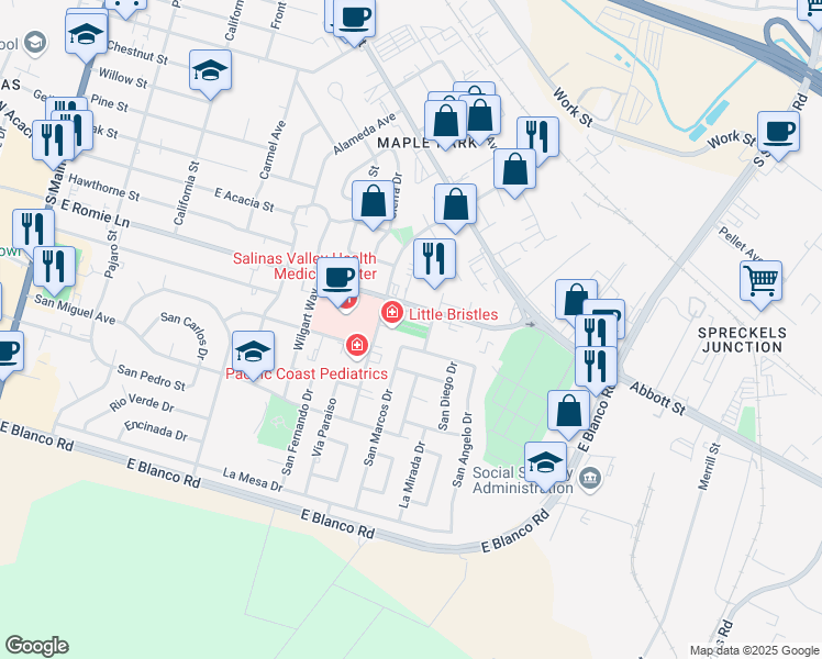 map of restaurants, bars, coffee shops, grocery stores, and more near 625 Santa Cruz Avenue in Salinas