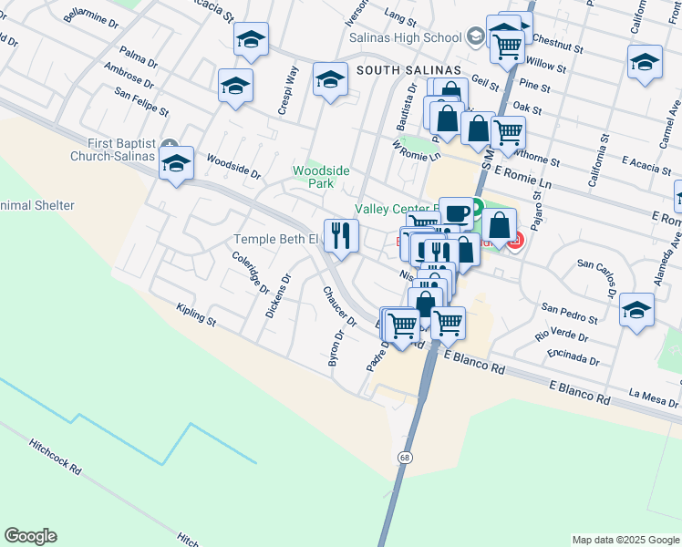 map of restaurants, bars, coffee shops, grocery stores, and more near 198 Chaucer Drive in Salinas