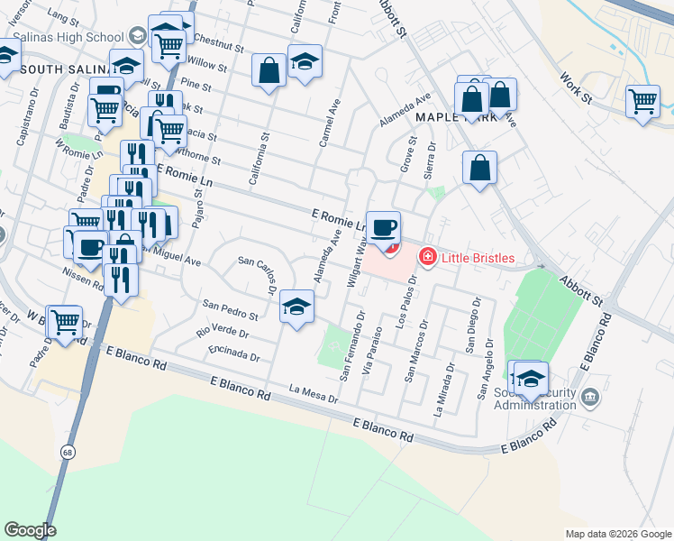 map of restaurants, bars, coffee shops, grocery stores, and more near 124 San Jose Street in Salinas