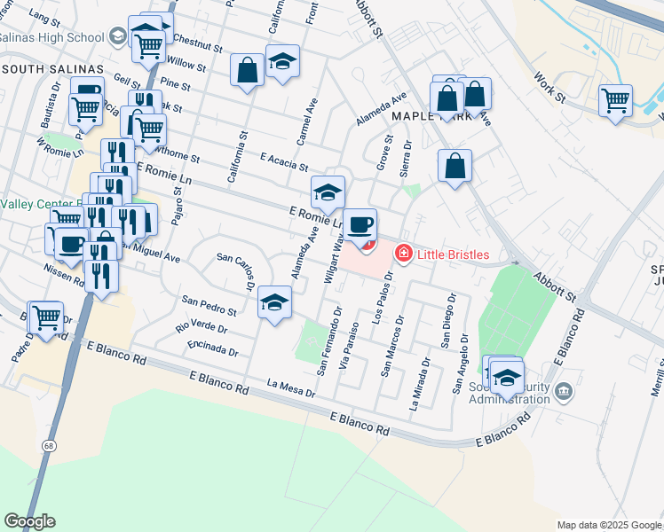 map of restaurants, bars, coffee shops, grocery stores, and more near San Jose Street in Salinas