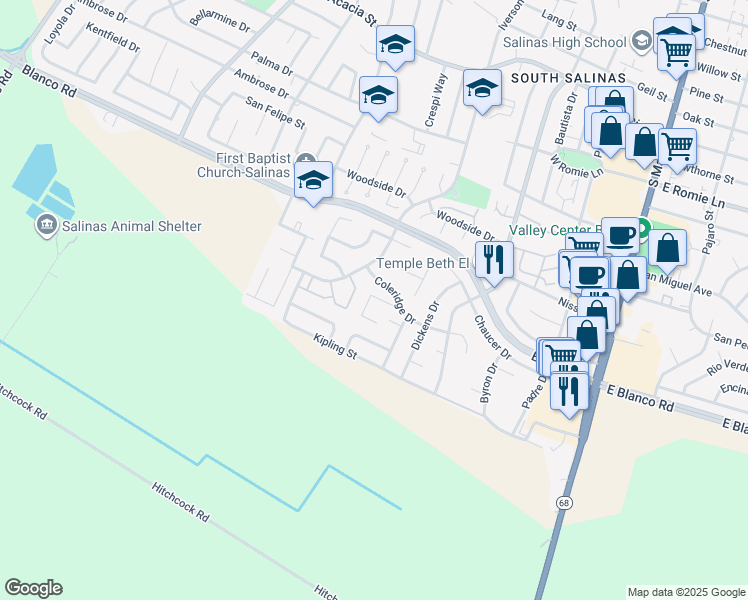 map of restaurants, bars, coffee shops, grocery stores, and more near 345 Coleridge Drive in Salinas