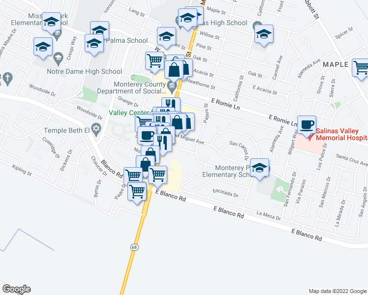 map of restaurants, bars, coffee shops, grocery stores, and more near 45 E San Joaquin St in Salinas