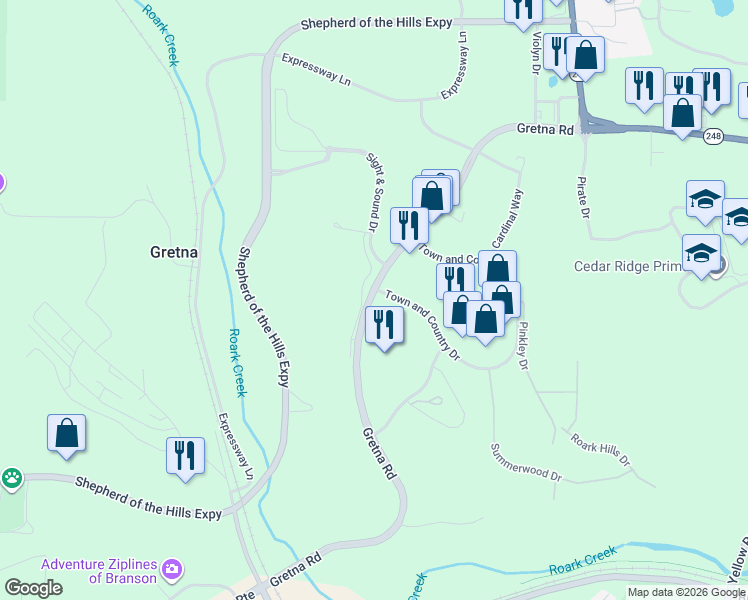 map of restaurants, bars, coffee shops, grocery stores, and more near 2000 Gretna Road in Branson
