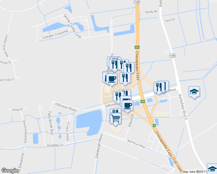 map of restaurants, bars, coffee shops, grocery stores, and more near 233 Carmichael Way in Chesapeake
