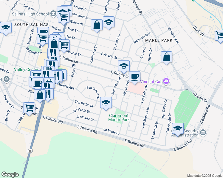map of restaurants, bars, coffee shops, grocery stores, and more near 612 Alameda Avenue in Salinas