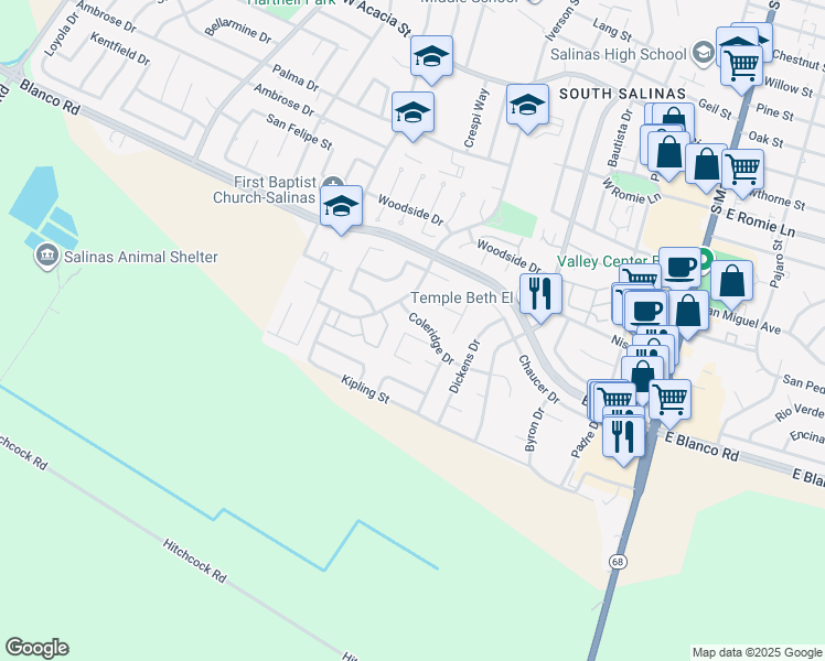 map of restaurants, bars, coffee shops, grocery stores, and more near 345 Coleridge Drive in Salinas