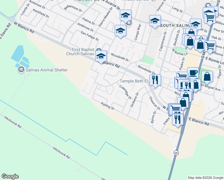 map of restaurants, bars, coffee shops, grocery stores, and more near 1253 Los Olivos Drive in Salinas