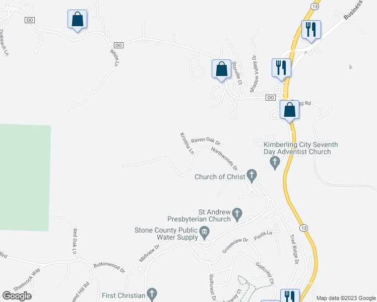 map of restaurants, bars, coffee shops, grocery stores, and more near 2 Kristina Lane in Kimberling City