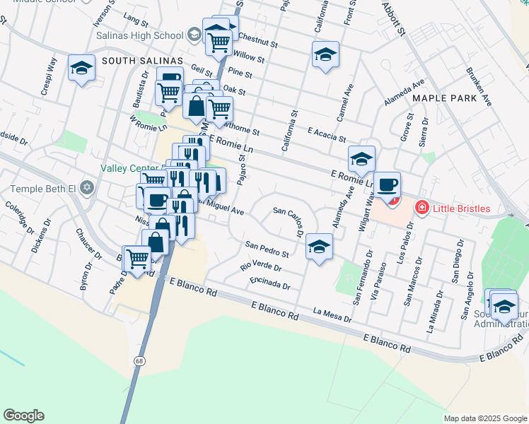 map of restaurants, bars, coffee shops, grocery stores, and more near 7 San Carlos Drive in Salinas