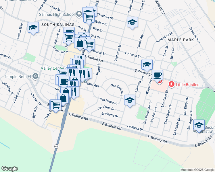 map of restaurants, bars, coffee shops, grocery stores, and more near 7 San Carlos Drive in Salinas