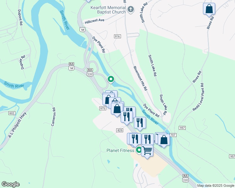 map of restaurants, bars, coffee shops, grocery stores, and more near 40 Wilson Park Lane in Martinsville