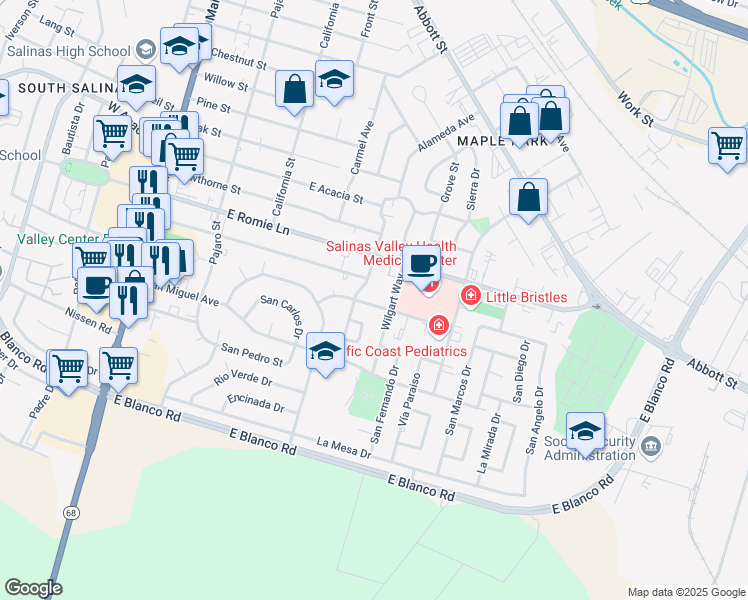 map of restaurants, bars, coffee shops, grocery stores, and more near 124 San Jose Street in Salinas