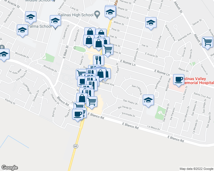 map of restaurants, bars, coffee shops, grocery stores, and more near 45 East San Joaquin Street in Salinas