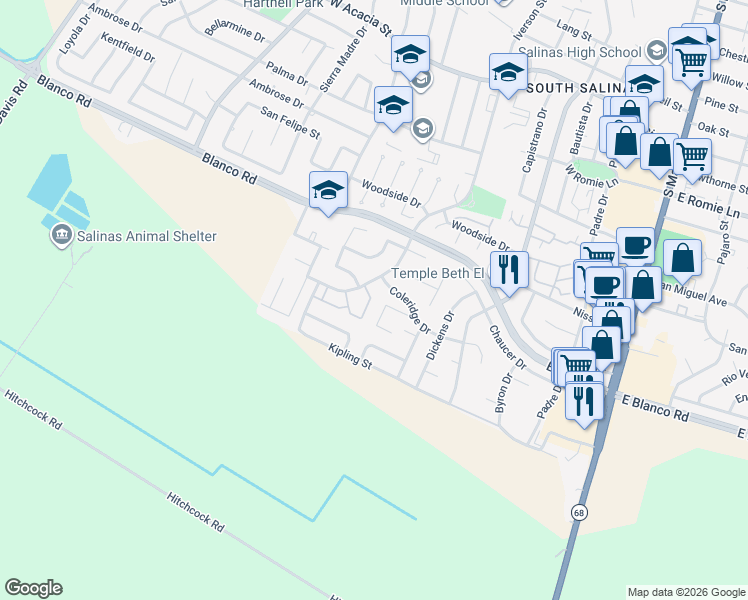 map of restaurants, bars, coffee shops, grocery stores, and more near 1253 Los Olivos Drive in Salinas