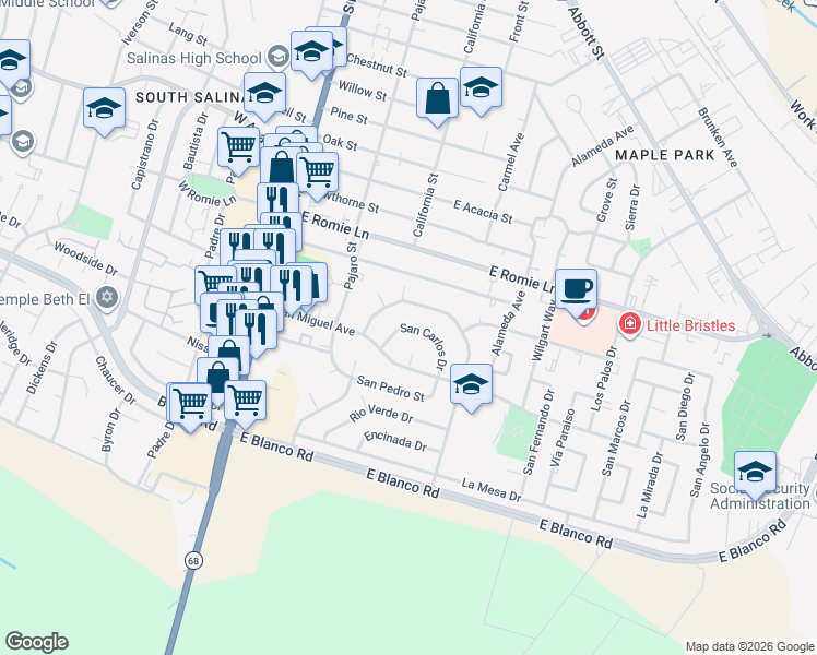 map of restaurants, bars, coffee shops, grocery stores, and more near San Carlos Drive in Salinas