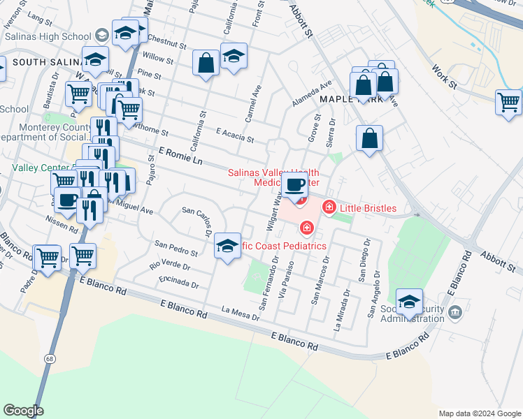 map of restaurants, bars, coffee shops, grocery stores, and more near San Jose Street in Salinas