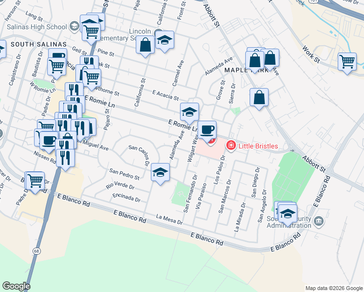 map of restaurants, bars, coffee shops, grocery stores, and more near 124 San Jose Street in Salinas
