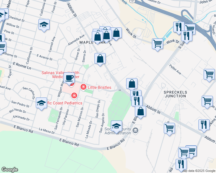map of restaurants, bars, coffee shops, grocery stores, and more near 750 East Romie Lane in Salinas