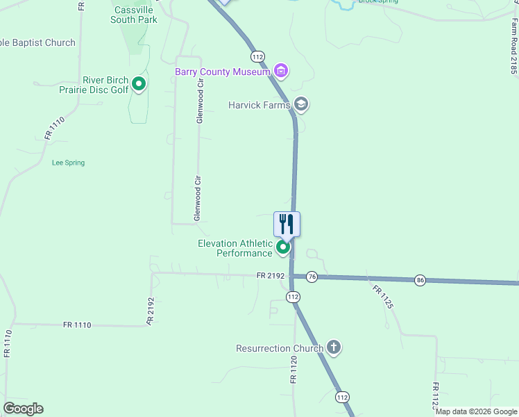 map of restaurants, bars, coffee shops, grocery stores, and more near Highway 112 in Cassville