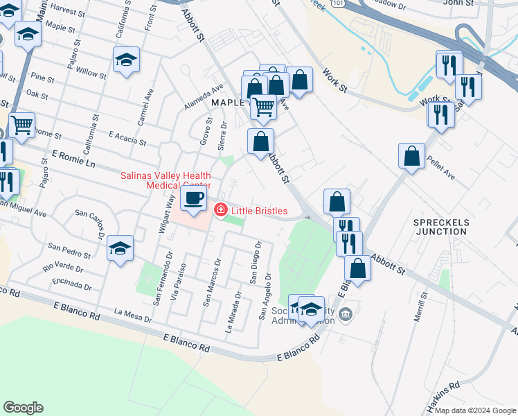 map of restaurants, bars, coffee shops, grocery stores, and more near 725 East Romie Lane in Salinas